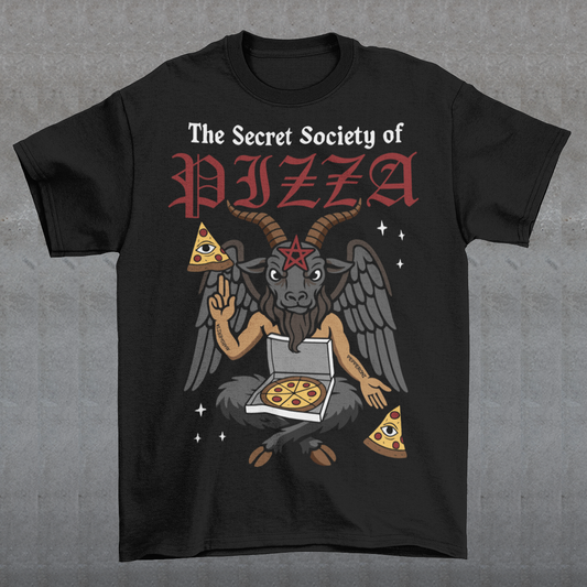 Black t-shirt featuring a humorous occult-style design with the text “The Secret Society of Pizza.” Artwork shows a winged goat figure with horns and a pentagram holding pizza slices and an open pizza box, surrounded by small stars. Gothic lettering and playful dark humor create a spooky pizza-themed graphic tee design.