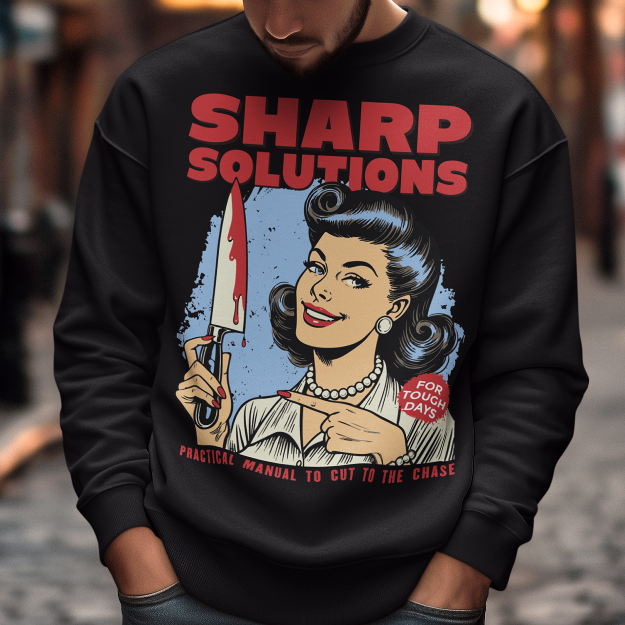 Slice through the stress of everyday life with this bold and cheeky “Sharp Solutions” retro-style Sweatshirt. Designed in a classic vintage aesthetic, it features a 1950s housewife confidently holding a dripping knife with a charming smile, paired with tongue-in-cheek text that adds the perfect dose of dark humor. Ideal for fans of edgy throwback art, sarcastic designs, and quirky graphic tees, this shirt makes a standout gift and a fun conversation starter wherever you wear it.