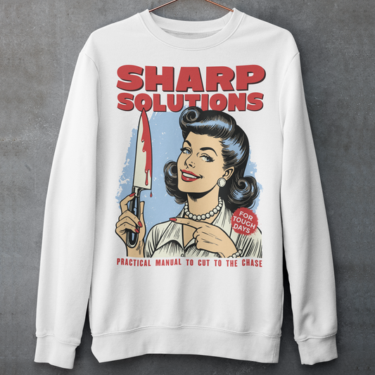 Slice through the stress of everyday life with this bold and cheeky “Sharp Solutions” retro-style Sweatshirt. Designed in a classic vintage aesthetic, it features a 1950s housewife confidently holding a dripping knife with a charming smile, paired with tongue-in-cheek text that adds the perfect dose of dark humor. Ideal for fans of edgy throwback art, sarcastic designs, and quirky graphic tees, this shirt makes a standout gift and a fun conversation starter wherever you wear it.