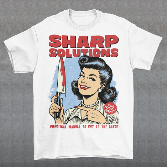 Slice through the stress of everyday life with this bold and cheeky “Sharp Solutions” retro-style T-shirt. Designed in a classic vintage aesthetic, it features a 1950s housewife confidently holding a dripping knife with a charming smile, paired with tongue-in-cheek text that adds the perfect dose of dark humor. Ideal for fans of edgy throwback art, sarcastic designs, and quirky graphic tees, this shirt makes a standout gift and a fun conversation starter wherever you wear it.