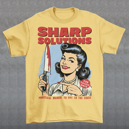 Slice through the stress of everyday life with this bold and cheeky “Sharp Solutions” retro-style T-shirt. Designed in a classic vintage aesthetic, it features a 1950s housewife confidently holding a dripping knife with a charming smile, paired with tongue-in-cheek text that adds the perfect dose of dark humor. Ideal for fans of edgy throwback art, sarcastic designs, and quirky graphic tees, this shirt makes a standout gift and a fun conversation starter wherever you wear it.