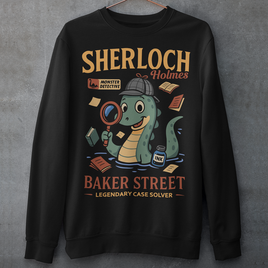 Meet the most curious creature on Baker Street with this fun and clever Sherloch Holmes Monster Detective sweatshirt. This playful design reimagines the legendary detective as an adorable little loch ness monster investigator, complete with a classic detective hat, magnifying glass, scattered case notes, and a bottle of ink ready to record the next big mystery. With its charming illustration style and witty wordplay, this shirt blends classic detective fiction with lighthearted monster humor.