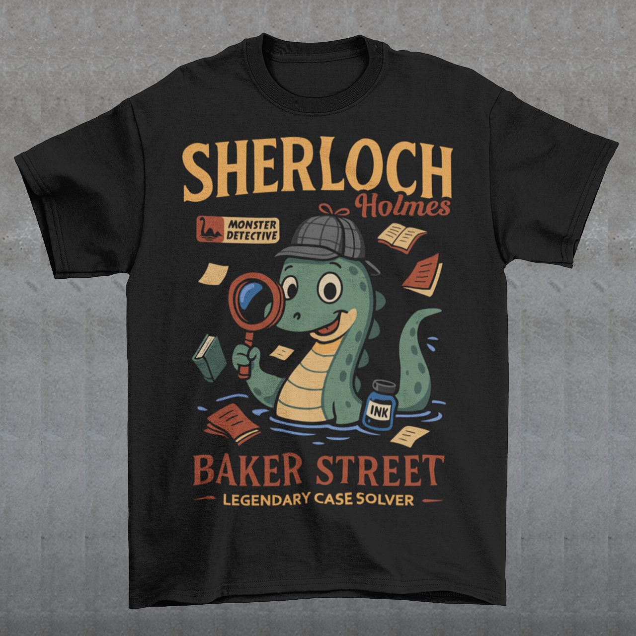 Meet the most curious creature on Baker Street with this fun and clever Sherloch Holmes Monster Detective t-shirt. This playful design reimagines the legendary detective as an adorable little loch ness monster investigator, complete with a classic detective hat, magnifying glass, scattered case notes, and a bottle of ink ready to record the next big mystery. With its charming illustration style and witty wordplay, this shirt blends classic detective fiction with lighthearted monster humor.