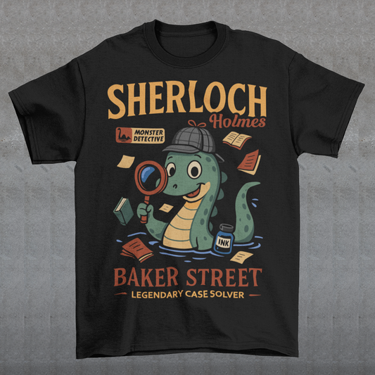 Meet the most curious creature on Baker Street with this fun and clever Sherloch Holmes Monster Detective t-shirt. This playful design reimagines the legendary detective as an adorable little loch ness monster investigator, complete with a classic detective hat, magnifying glass, scattered case notes, and a bottle of ink ready to record the next big mystery. With its charming illustration style and witty wordplay, this shirt blends classic detective fiction with lighthearted monster humor.