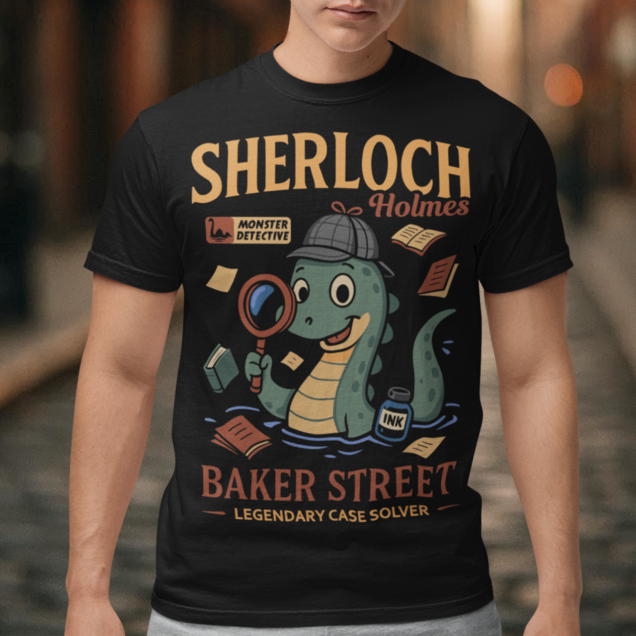 Meet the most curious creature on Baker Street with this fun and clever Sherloch Holmes Monster Detective t-shirt. This playful design reimagines the legendary detective as an adorable little loch ness monster investigator, complete with a classic detective hat, magnifying glass, scattered case notes, and a bottle of ink ready to record the next big mystery. With its charming illustration style and witty wordplay, this shirt blends classic detective fiction with lighthearted monster humor.
