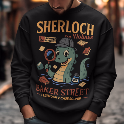 Meet the most curious creature on Baker Street with this fun and clever Sherloch Holmes Monster Detective sweatshirt. This playful design reimagines the legendary detective as an adorable little loch ness monster investigator, complete with a classic detective hat, magnifying glass, scattered case notes, and a bottle of ink ready to record the next big mystery. With its charming illustration style and witty wordplay, this shirt blends classic detective fiction with lighthearted monster humor.