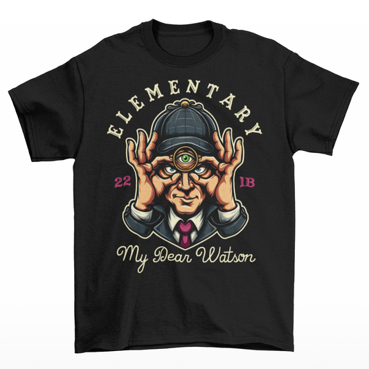 Black t-shirt of Sherlock Holmes with a third eye and text ELEMENTARY MY DEAR WATSON.