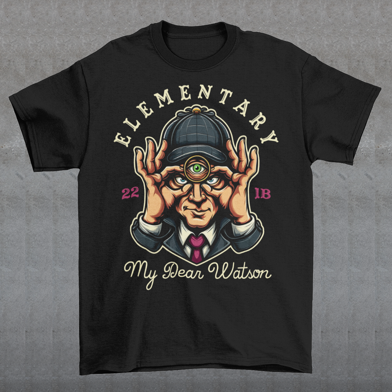 Unlock the mysteries of the mind with our unique Sherlock Holmes inspired t-shirt. Featuring the iconic detective with a third eye, symbolizing his unparalleled powers of observation and deduction. With a steely gaze and a mind sharper than any blade, this rendition of Holmes exudes intellect and intrigue. Emblazoned with the timeless phrase 'ELEMENTARY MY DEAR WATSON', this shirt is a nod to Holmes' famous catchphrase, capturing his wit and astuteness in every wear.