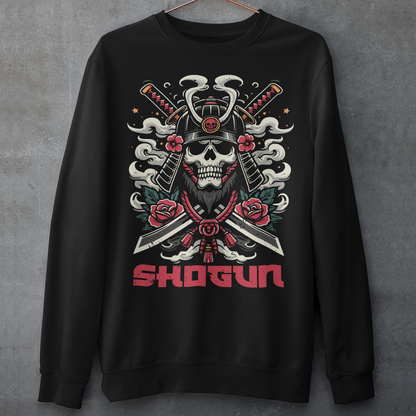 Black sweatshirt of a Skeleton Shogun Samurai with text underneath SHOGUN.