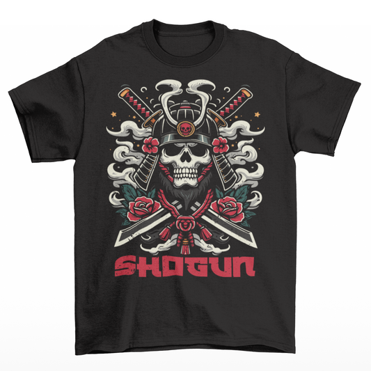 Black t-shirt of a Skeleton Shogun Samurai with text underneath SHOGUN.