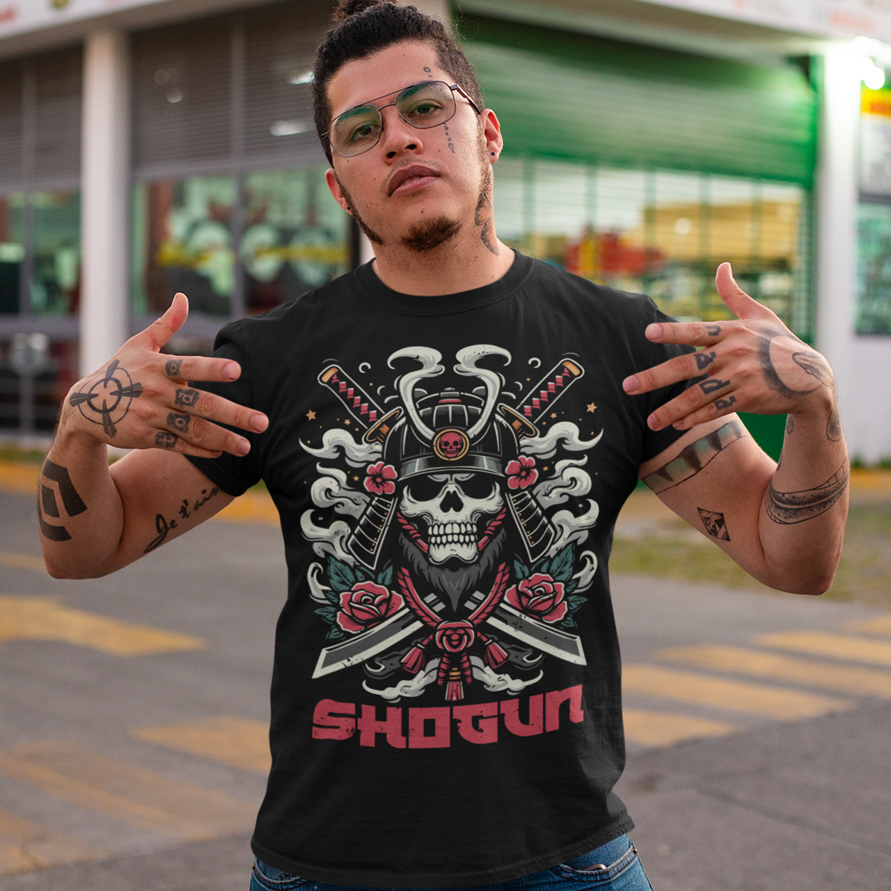 Black t-shirt of a Skeleton Shogun Samurai with text underneath SHOGUN.