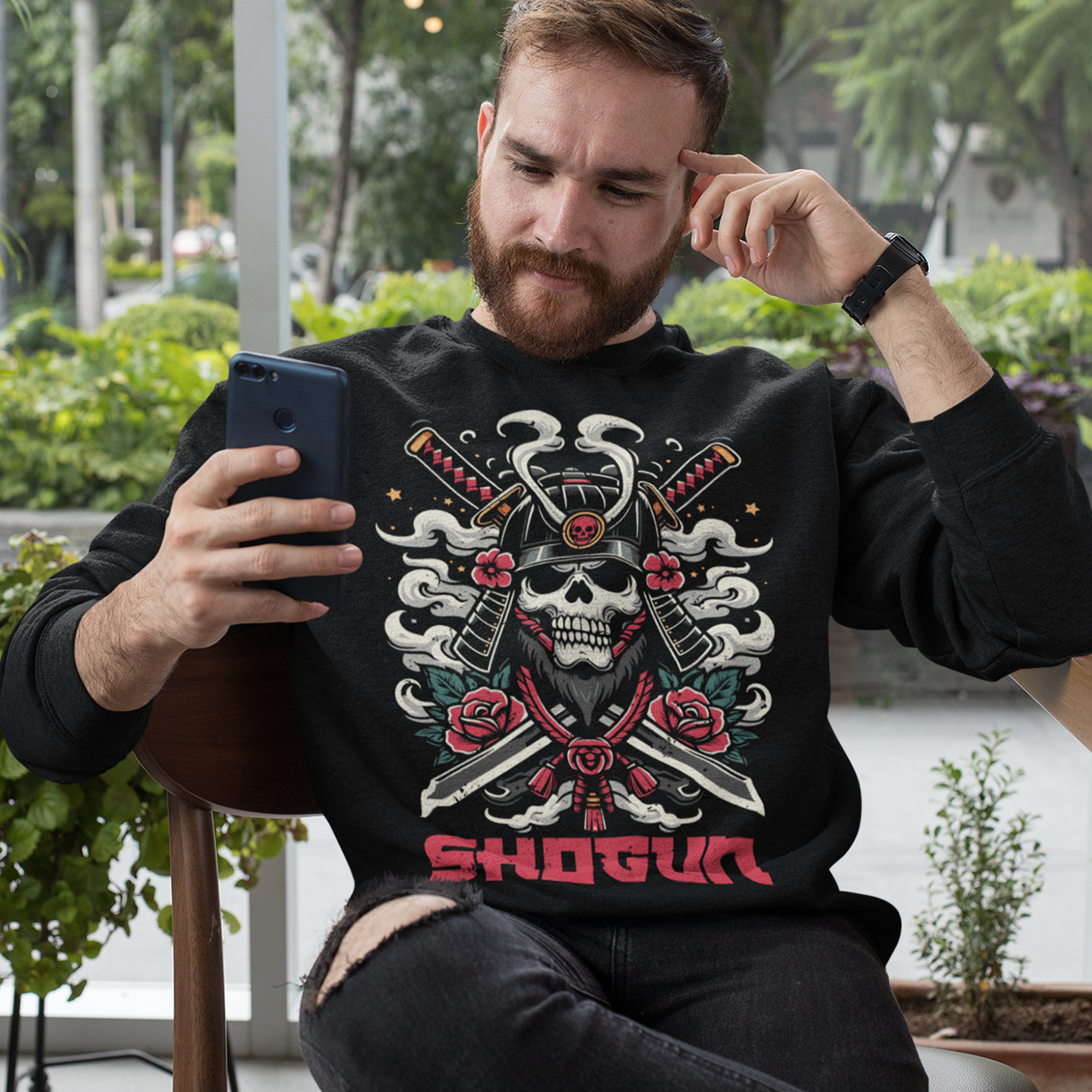 Black sweatshirt of a Skeleton Shogun Samurai with text underneath SHOGUN.