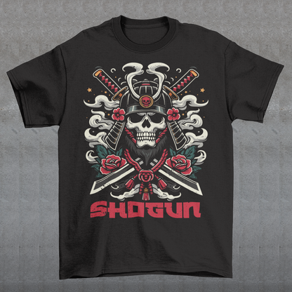 Embrace the ancient warrior spirit with our Skeleton Shogun Samurai t-shirt. This striking design combines the mystique of a shogun's authority with the fierce prowess of a samurai warrior, all embodied in the form of a skeletal figure. The intricately detailed illustration features the skeleton adorned in traditional samurai armor, with two katana's. Beneath the imposing figure, the word "SHOGUN" is boldly emblazoned, signifying power, honor, and leadership.
