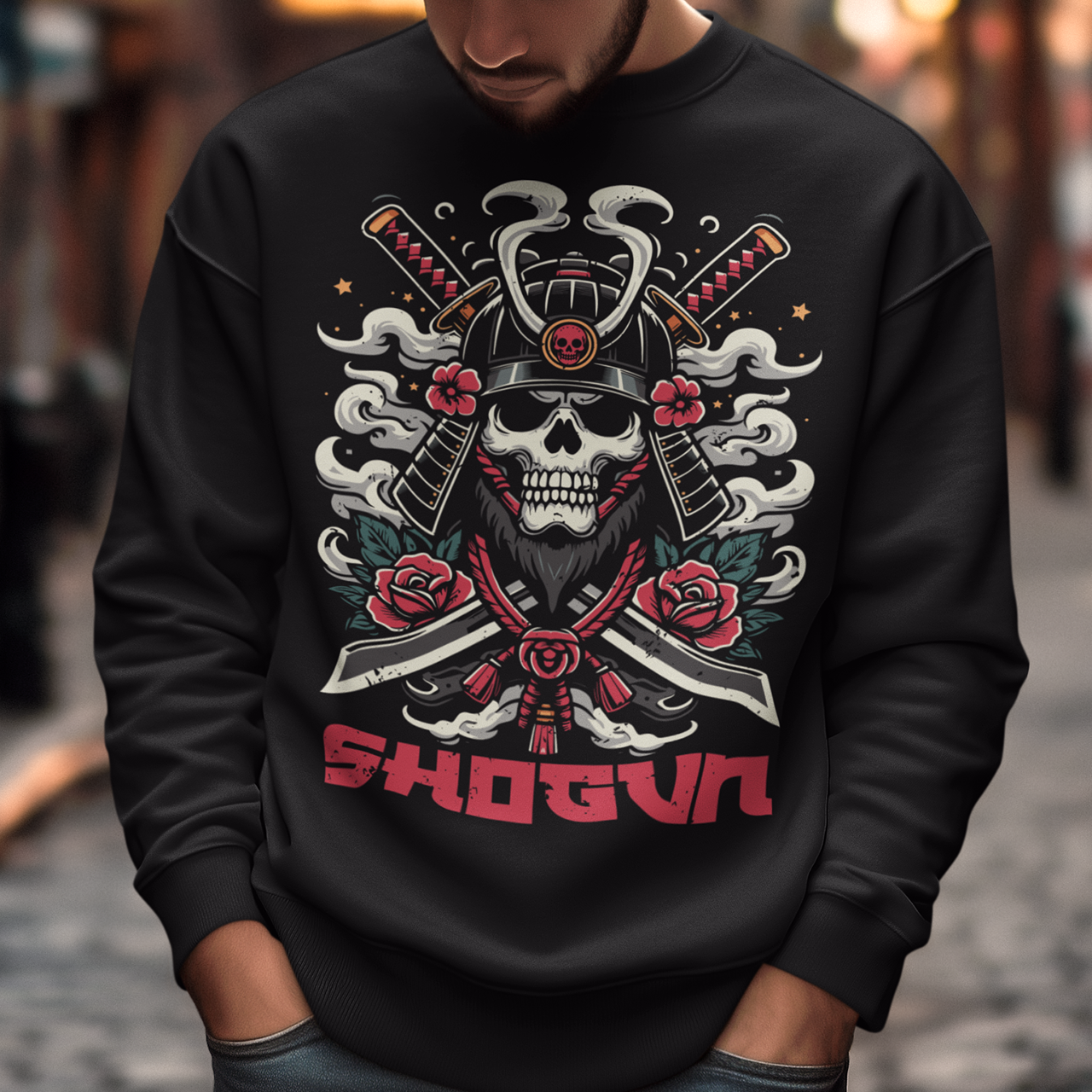 Embrace the ancient warrior spirit with our Skeleton Shogun Samurai Sweatshirt. This striking design combines the mystique of a shogun's authority with the fierce prowess of a samurai warrior, all embodied in the form of a skeletal figure. The intricately detailed illustration features the skeleton adorned in traditional samurai armor, with two katana's. Beneath the imposing figure, the word "SHOGUN" is boldly emblazoned, signifying power, honor, and leadership.