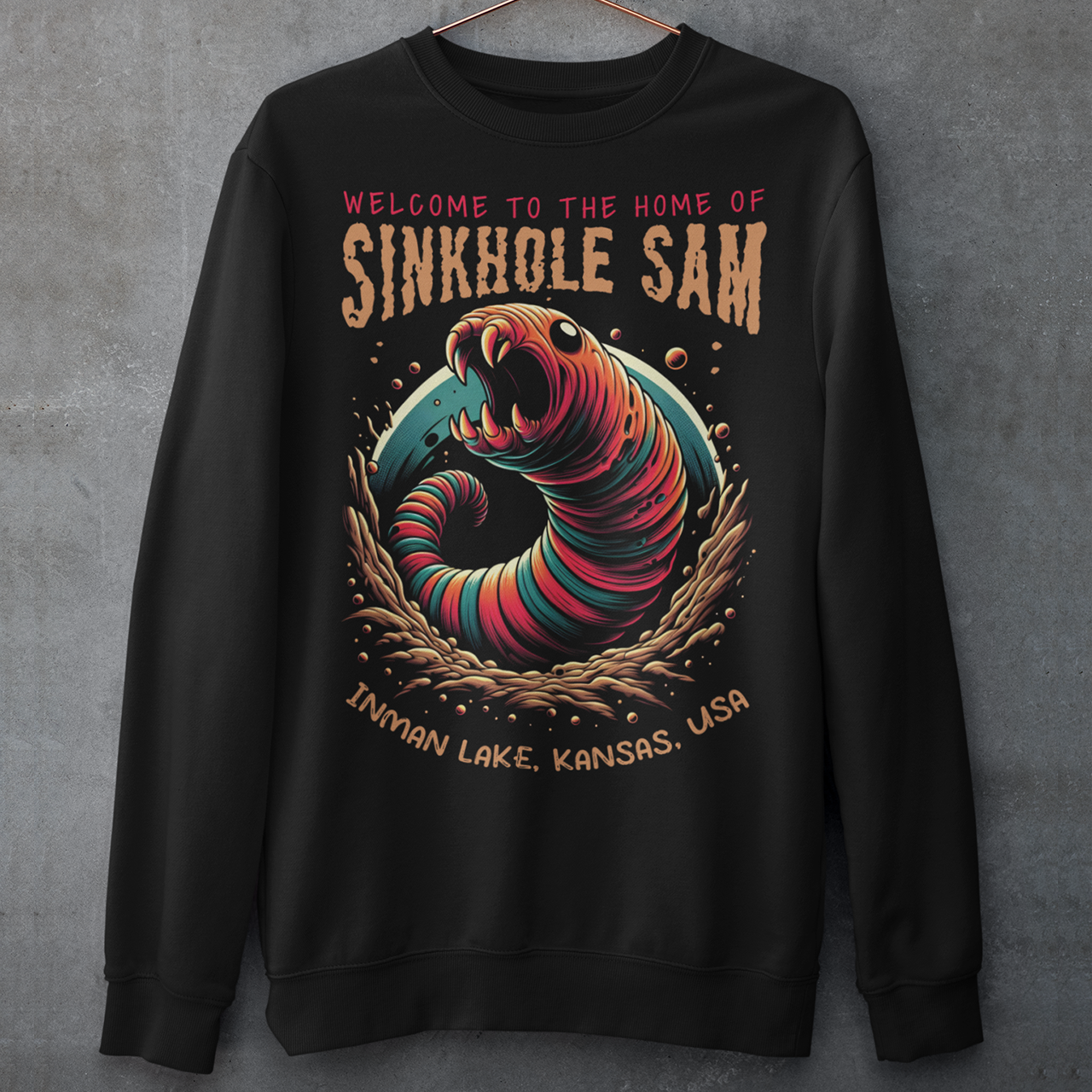 Black sweatshirt of Sinkhole Sam.