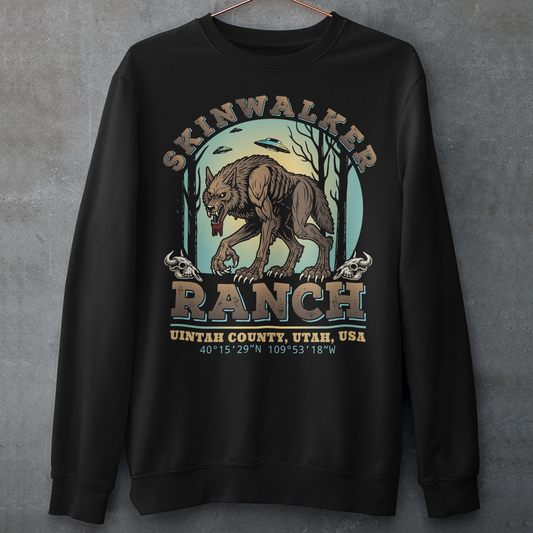 Black sweatshirt of a wolf on skinwalker ranch with UFO's in the sky with text SKINWALKER RANCH.