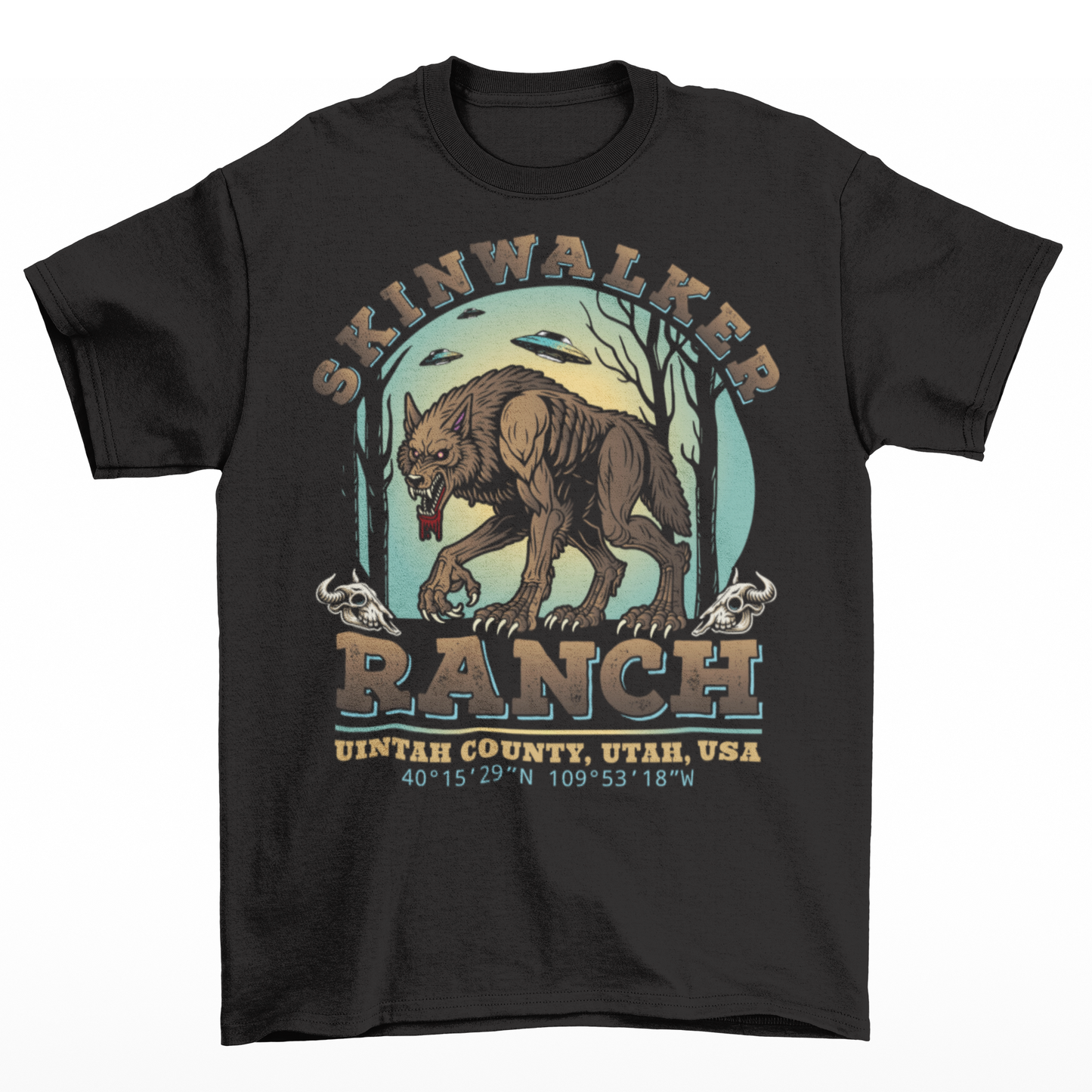 Black t-shirt of a wolf on skinwalker ranch with UFO's in the sky with text SKINWALKER RANCH.