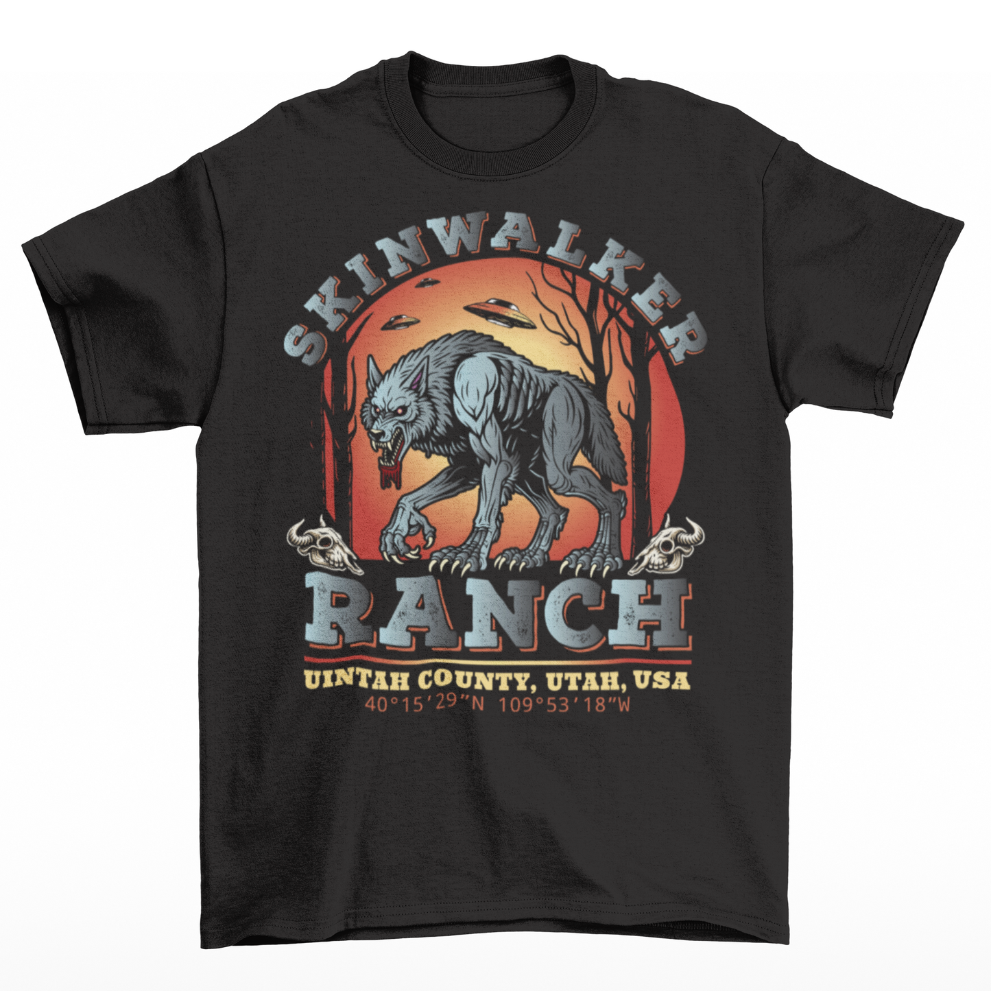 Black t-shirt of a wolf on skinwalker ranch with UFO's in the sky with text SKINWALKER RANCH.