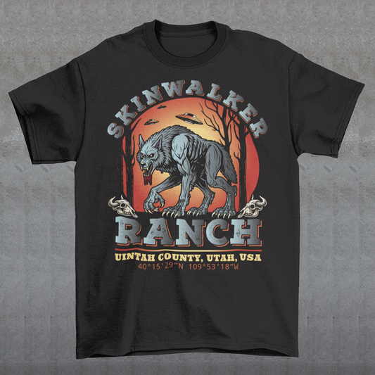 Introducing our captivating "Skinwalker Ranch" t-shirt, where mystery meets intrigue in a design that's sure to turn heads. Picture this: a lone wolf stands boldly against the backdrop of Skinwalker Ranch, its piercing gaze hinting at the secrets it guards. Above, the night sky is illuminated with the presence of unidentified flying objects, casting an otherworldly glow on the scene below.
