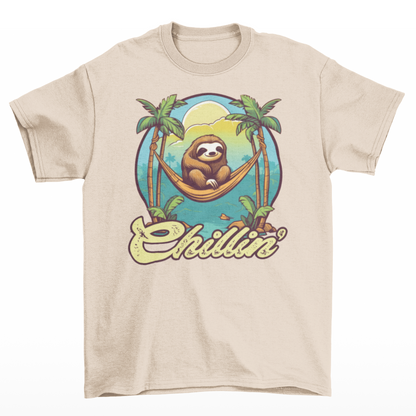 Cream t-shirt of a sloth in a hammock on a beach with text "Chillin'".