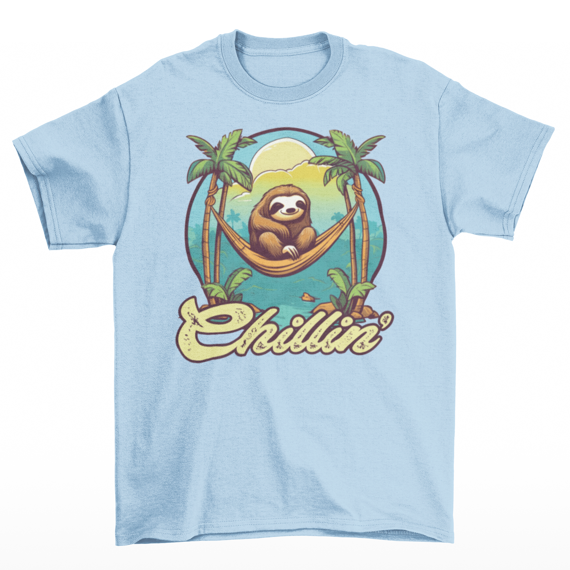 Light blue t-shirt of a sloth in a hammock on a beach with text "Chillin'".