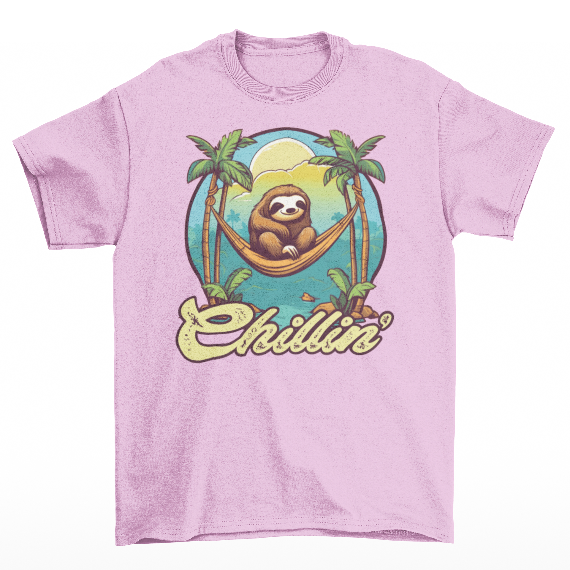 Pink t-shirt of a sloth in a hammock on a beach with text "Chillin'".