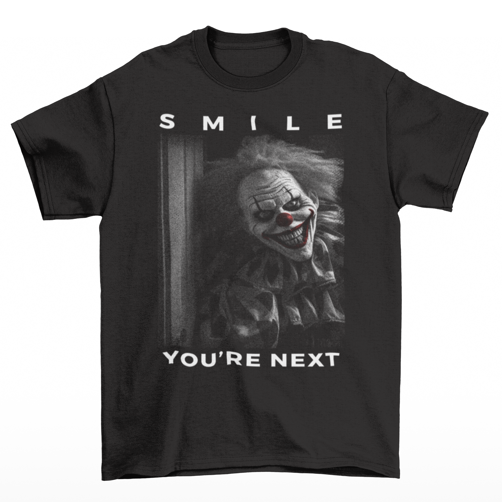 Black t-shirt of a grinning killer clown with text "SMILE YOU'RE NEXT".