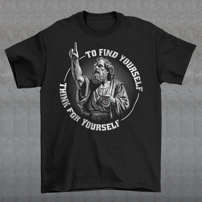 Introducing the "Socratic Wisdom" T-shirt, a thought-provoking blend of philosophy and style that pays homage to the great philosopher Socrates. Picture Socrates in a classic pose, with his finger raised in contemplation and confidently holding a compass, symbolizing his unwavering commitment to intellectual exploration. The design is not just an artistic representation but a visual embodiment of his timeless wisdom.