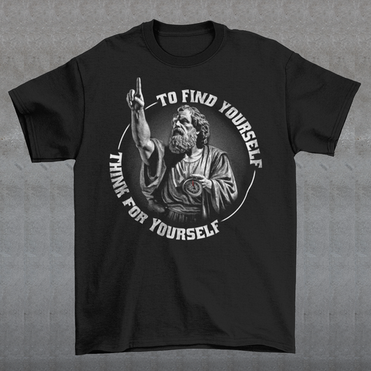 Introducing the "Socratic Wisdom" T-shirt, a thought-provoking blend of philosophy and style that pays homage to the great philosopher Socrates. Picture Socrates in a classic pose, with his finger raised in contemplation and confidently holding a compass, symbolizing his unwavering commitment to intellectual exploration. The design is not just an artistic representation but a visual embodiment of his timeless wisdom.