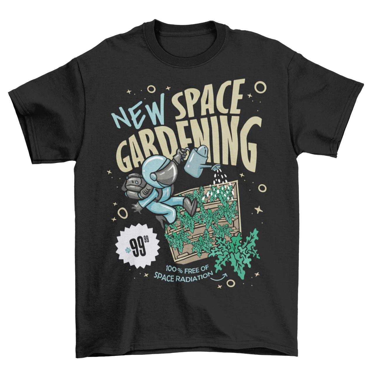 Black t-shirt with space man gardening in space with text "NEW SPACE GARDENING"