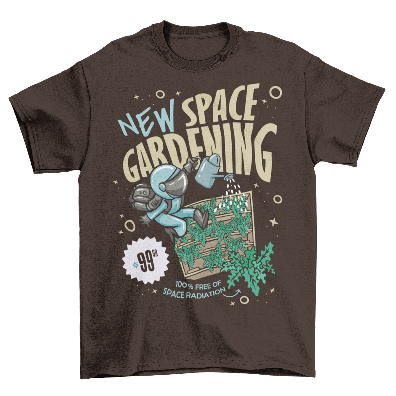 Brown t-shirt with space man gardening in space with text "NEW SPACE GARDENING"