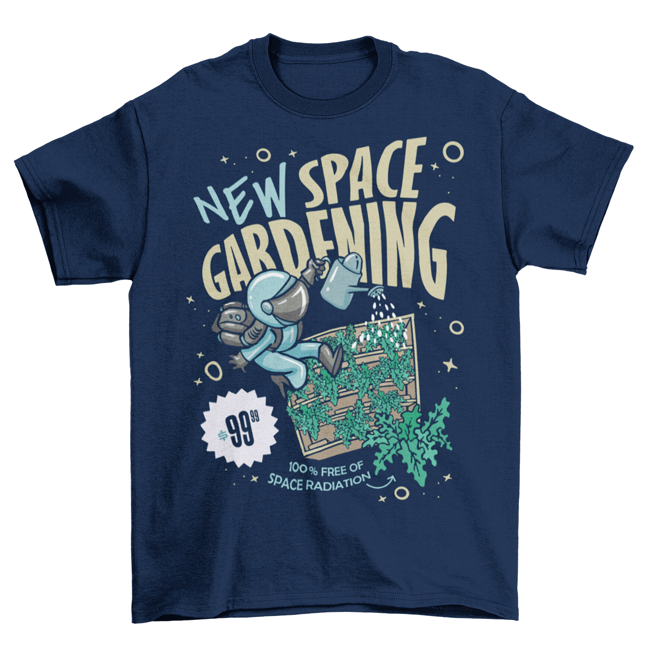 Navy t-shirt with space man gardening in space with text "NEW SPACE GARDENING"