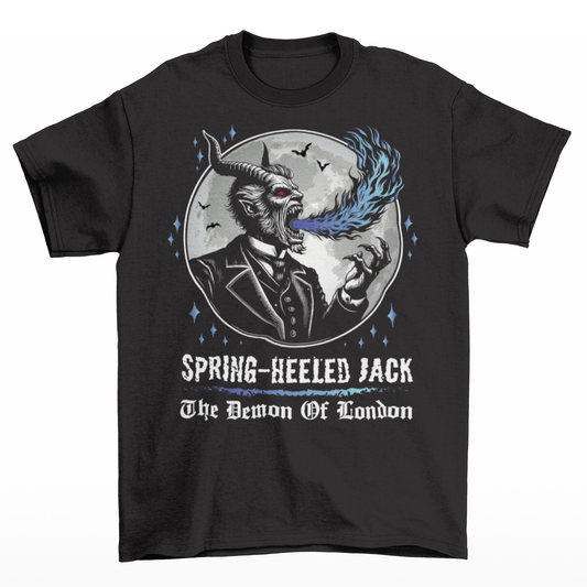 Black t-shirt of Spring-heeled Jack blowing fire in front of a moon with text underneath SPRING-HEELED JACK THE DEMON OF LONDON.