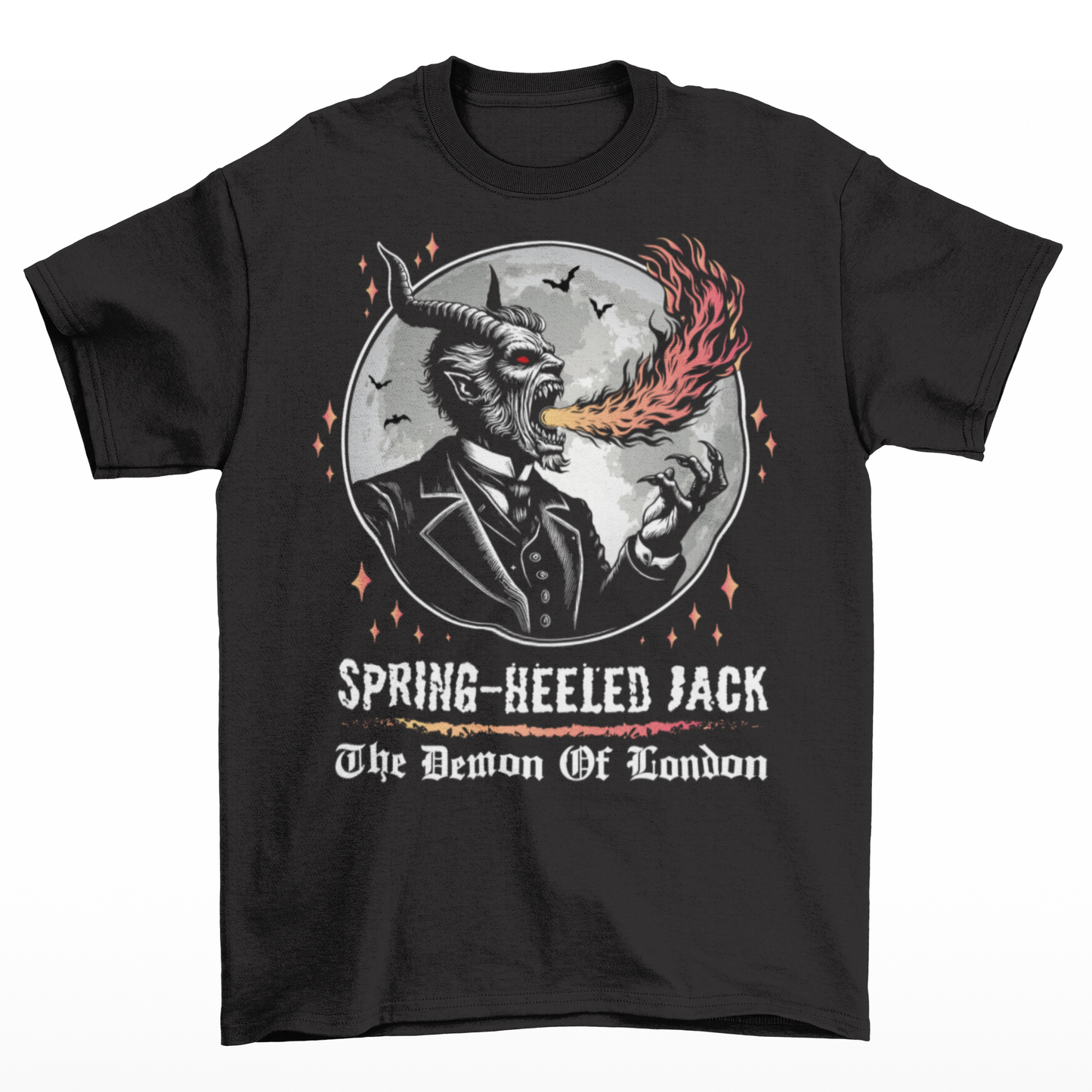 Black t-shirt of Spring-heeled Jack blowing fire in front of a moon with text underneath SPRING-HEELED JACK THE DEMON OF LONDON.