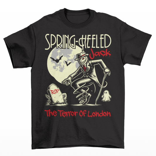 Black t-shirt of Spring-heeled Jack beside a tombstone with a ghost on the other side. Text above SPRING-HEELED JACK.