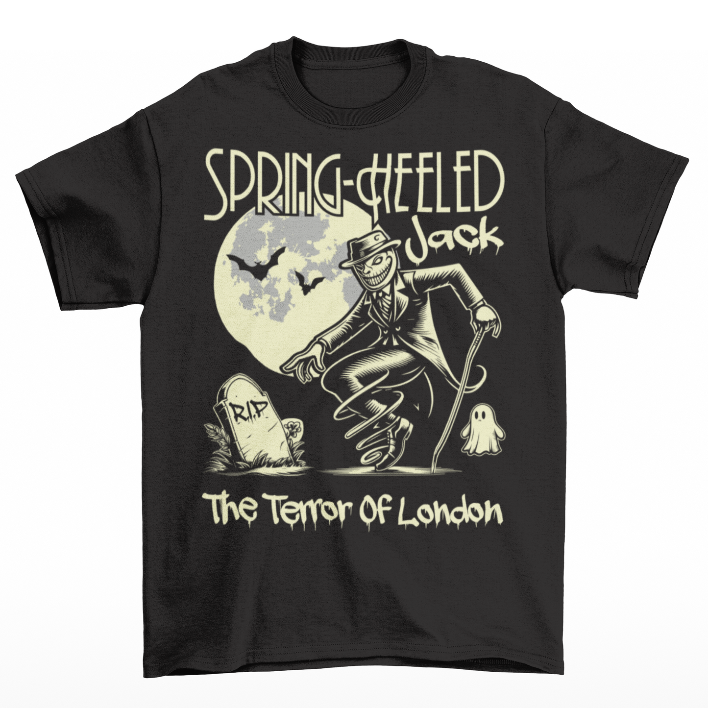 Black t-shirt of Spring-heeled Jack beside a tombstone with a ghost on the other side. Text above SPRING-HEELED JACK.