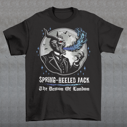 Introducing our electrifying Spring-heeled Jack t-shirt, a striking fusion of folklore and urban legend! Against the backdrop of a hauntingly illuminated moon, Spring-heeled Jack leaps into action, exhaling flames with an otherworldly flair. This enigmatic figure, shrouded in mystery and mischief, has long captured the imagination of Londoners and beyond. With intricate detail and bold colors, our design brings to life the infamous character known as the "Demon of London.