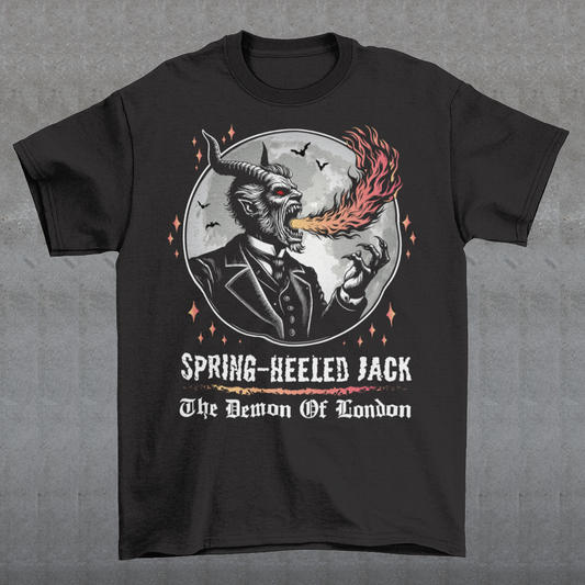 Introducing our electrifying Spring-heeled Jack t-shirt, a striking fusion of folklore and urban legend! Against the backdrop of a hauntingly illuminated moon, Spring-heeled Jack leaps into action, exhaling flames with an otherworldly flair. This enigmatic figure, shrouded in mystery and mischief, has long captured the imagination of Londoners and beyond. With intricate detail and bold colors, our design brings to life the infamous character known as the "Demon of London.