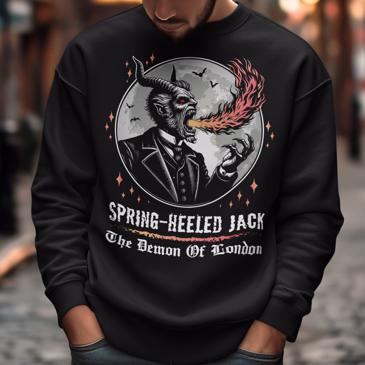 Introducing our electrifying Spring-heeled Jack sweatshirt, a striking fusion of folklore and urban legend! Against the backdrop of a hauntingly illuminated moon, Spring-heeled Jack leaps into action, exhaling flames with an otherworldly flair. This enigmatic figure, shrouded in mystery and mischief, has long captured the imagination of Londoners and beyond. With intricate detail and bold colors, our design brings to life the infamous character known as the "Demon of London.