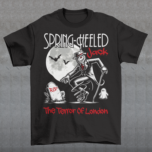 At the center of this striking t-shirt design stands Spring-heeled Jack, the enigmatic figure of Victorian urban legend. Rendered in bold lines and vibrant colors, Spring-heeled Jack exudes an air of mystery and menace. His elongated figure seems to leap from the fabric, his eyes gleaming with an otherworldly intensity.