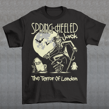 At the center of this striking t-shirt design stands Spring-heeled Jack, the enigmatic figure of Victorian urban legend. Rendered in bold lines and vibrant colors, Spring-heeled Jack exudes an air of mystery and menace. His elongated figure seems to leap from the fabric, his eyes gleaming with an otherworldly intensity.