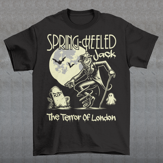 At the center of this striking t-shirt design stands Spring-heeled Jack, the enigmatic figure of Victorian urban legend. Rendered in bold lines and vibrant colors, Spring-heeled Jack exudes an air of mystery and menace. His elongated figure seems to leap from the fabric, his eyes gleaming with an otherworldly intensity.