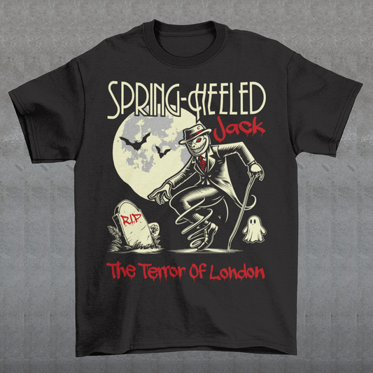 At the center of this striking t-shirt design stands Spring-heeled Jack, the enigmatic figure of Victorian urban legend. Rendered in bold lines and vibrant colors, Spring-heeled Jack exudes an air of mystery and menace. His elongated figure seems to leap from the fabric, his eyes gleaming with an otherworldly intensity.