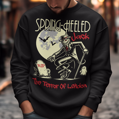 At the center of this striking sweatshirt design stands Spring-heeled Jack, the enigmatic figure of Victorian urban legend. Rendered in bold lines and vibrant colors, Spring-heeled Jack exudes an air of mystery and menace. His elongated figure seems to leap from the fabric, his eyes gleaming with an otherworldly intensity.