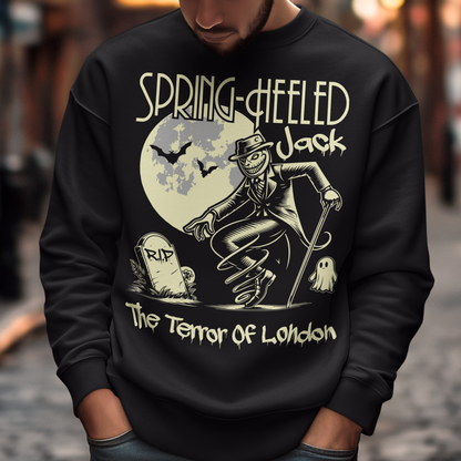 At the center of this striking sweatshirt design stands Spring-heeled Jack, the enigmatic figure of Victorian urban legend. Rendered in bold lines and vibrant colors, Spring-heeled Jack exudes an air of mystery and menace. His elongated figure seems to leap from the fabric, his eyes gleaming with an otherworldly intensity.