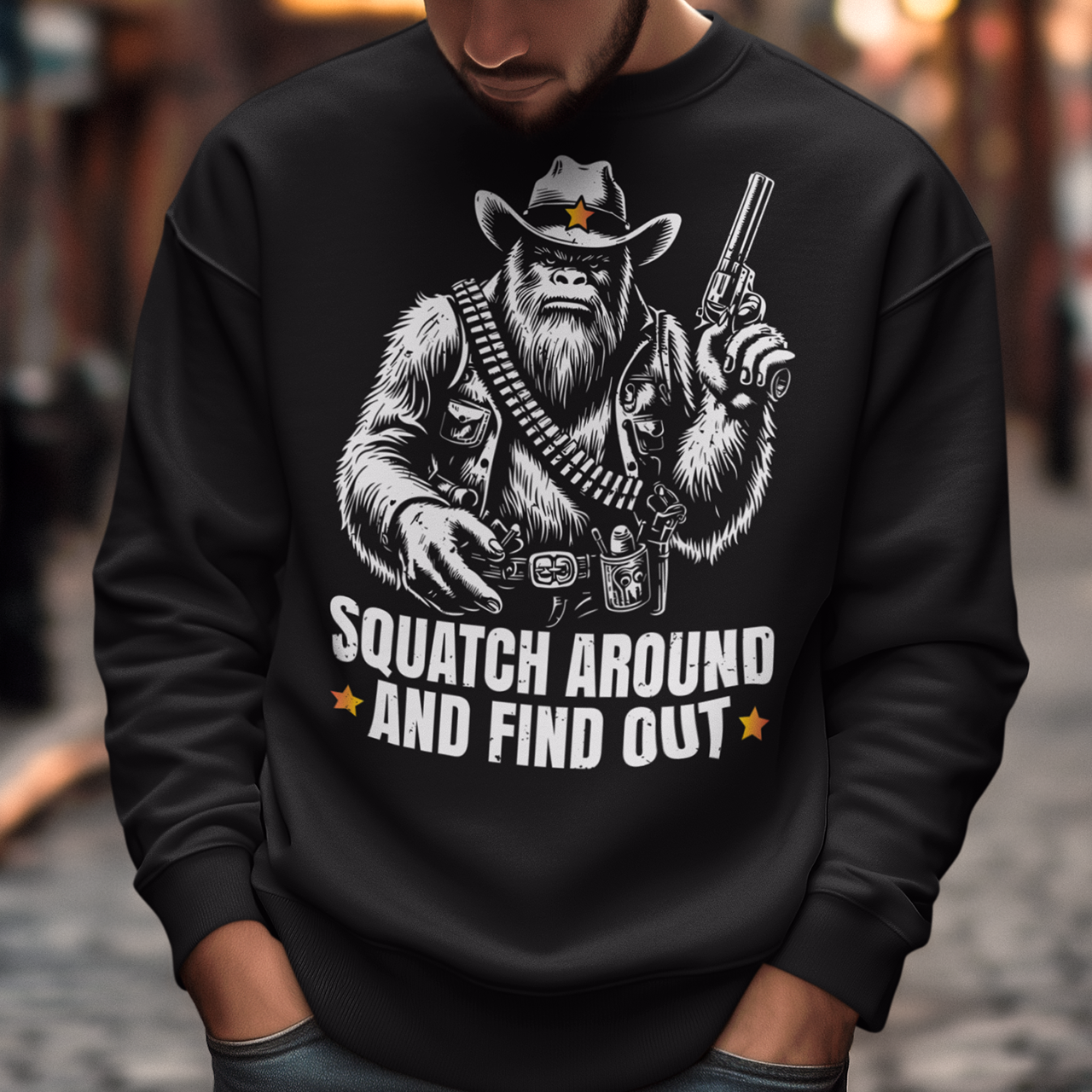 Introducing the "Squatch Around And Find Out" sweatshirt, where the legend of the wild west meets the mystery of the elusive Sasquatch! Picture this: a rugged, majestic Sasquatch, decked out in full cowboy gear, complete with a sheriff's badge and a trusty firearm at the ready. With a steely gaze and an air of authority, this Squatch means business. Beneath this formidable figure, the bold text reads: "SQUATCH AROUND AND FIND OUT."