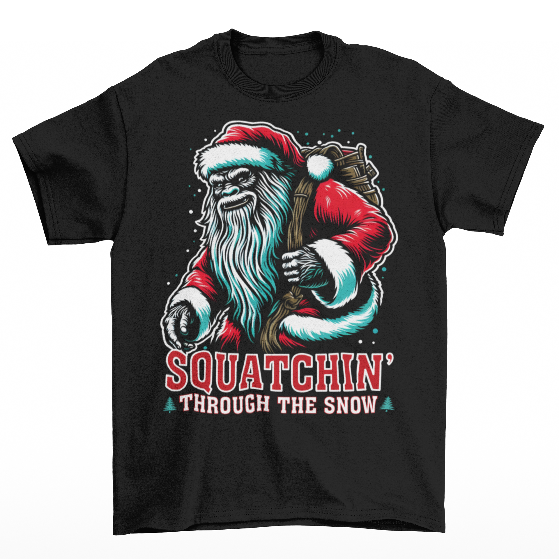 Black Christmas t-shirt of a Santa sasquatch and text "Squatchin' through the snow."