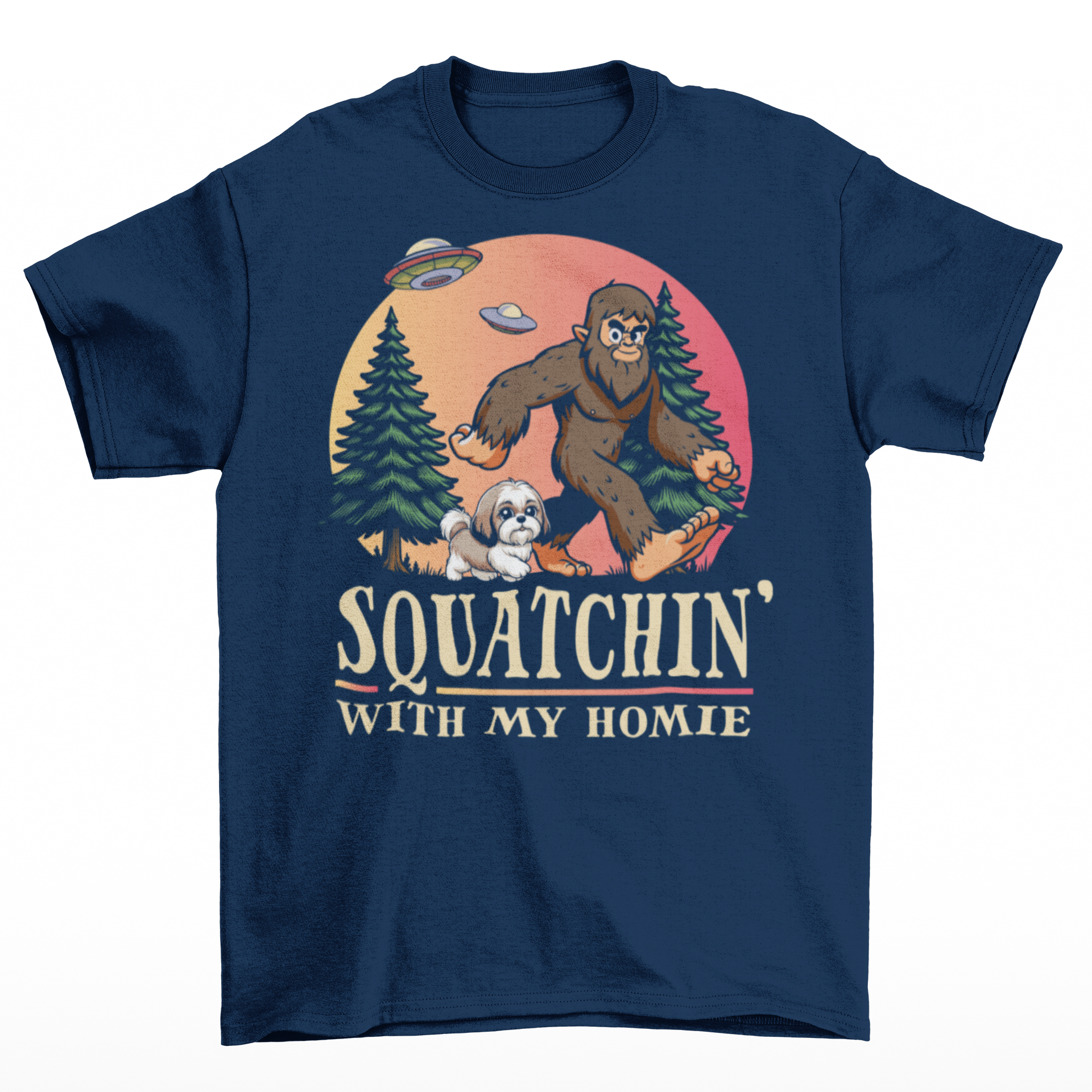 Navy t-shirt of Bigfoot hiking with his shih tzu in the woods with UFOs in the sky with text underneath SQUATCHIN WITH MY HOMIE.