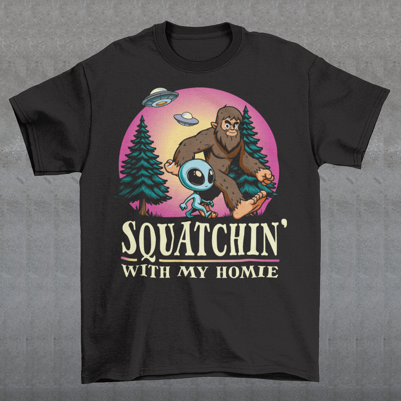 Embark on an otherworldly adventure with our Bigfoot an Alien hiking design, where the mysterious meets the adorable! This captivating scene depicts Bigfoot and his trusty Alien companion trekking through the dense forest, surrounded by towering trees and vibrant foliage. Above them, the sky is alight with the presence of UFOs, adding an element of cosmic wonder to their journey.