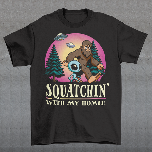 Embark on an otherworldly adventure with our Bigfoot an Alien hiking design, where the mysterious meets the adorable! This captivating scene depicts Bigfoot and his trusty Alien companion trekking through the dense forest, surrounded by towering trees and vibrant foliage. Above them, the sky is alight with the presence of UFOs, adding an element of cosmic wonder to their journey.